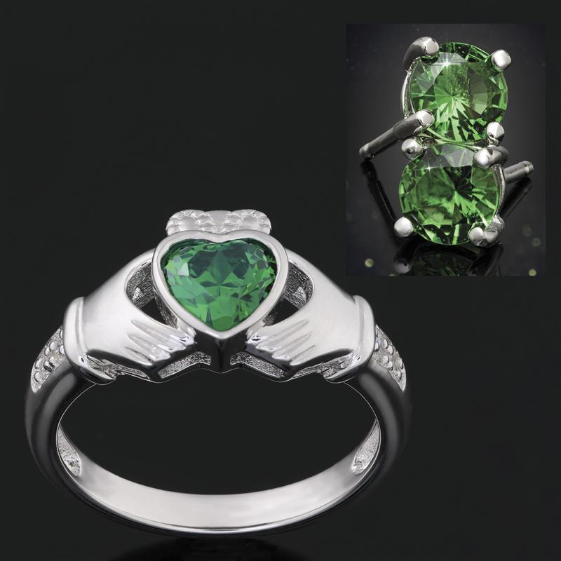 Helenite Claddagh Ring plus FREE Sterling Silver Helenite Stud Earrings