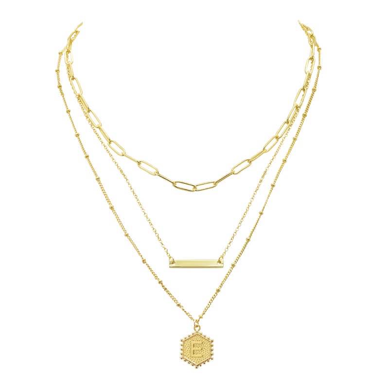 Gold-Finished 3-Layer Initial Necklace (E)
