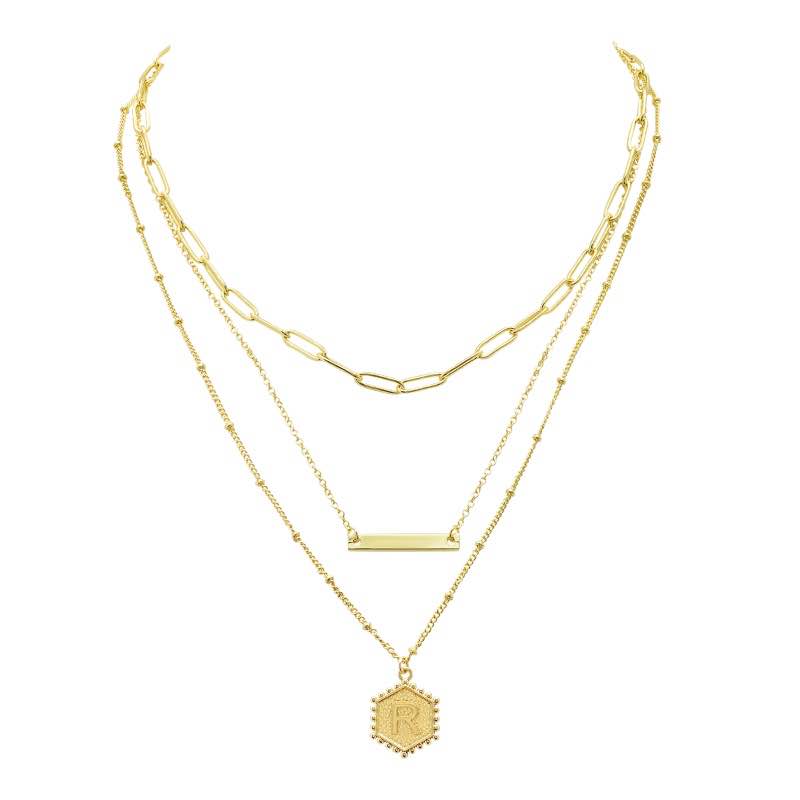 Gold-Finished 3-Layer Initial Necklace (R)