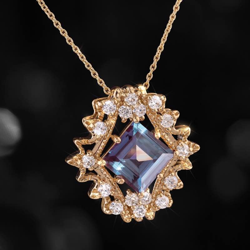14k Yellow Gold Lab Alexandrite & Moissanite Necklace