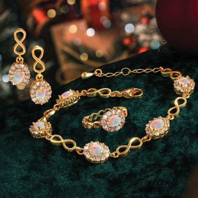 Opal Infinity Bracelet, Ring & Earrings