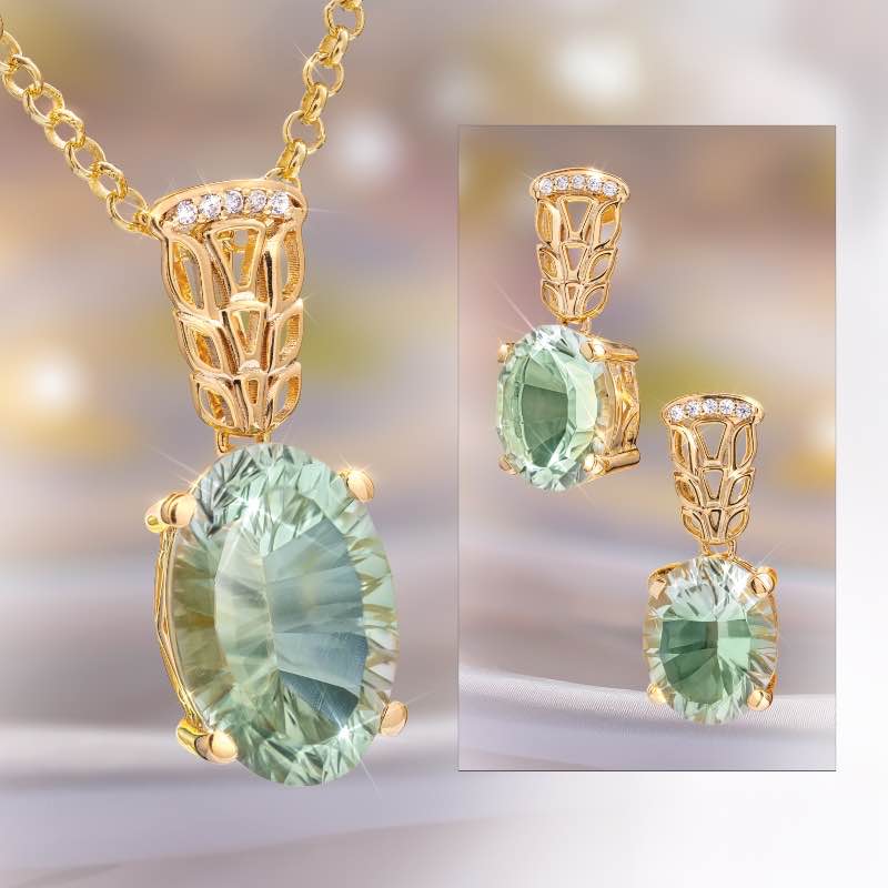 Praisio Green Amethyst Pendant, Chain & Earrings