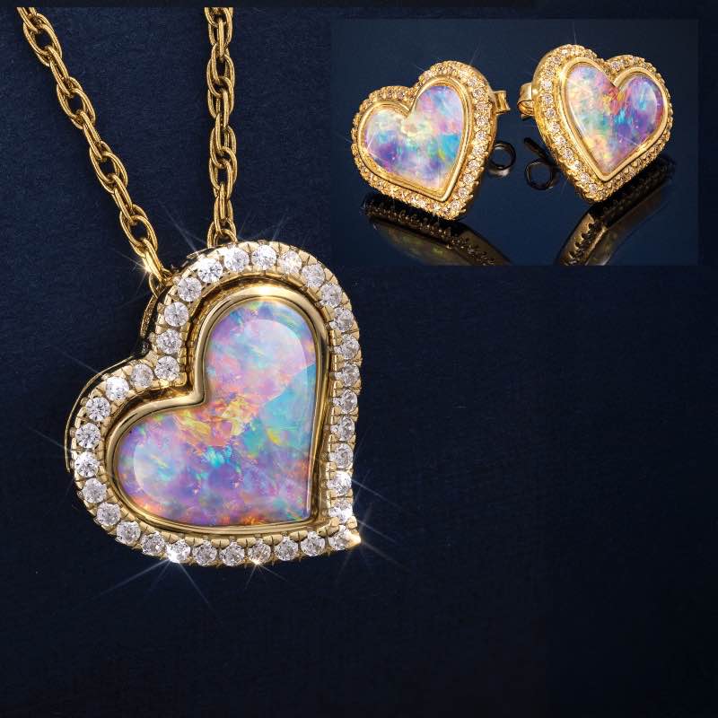 Kyocera Lab-Created Opal Heart Pendant, Chain & Earrings