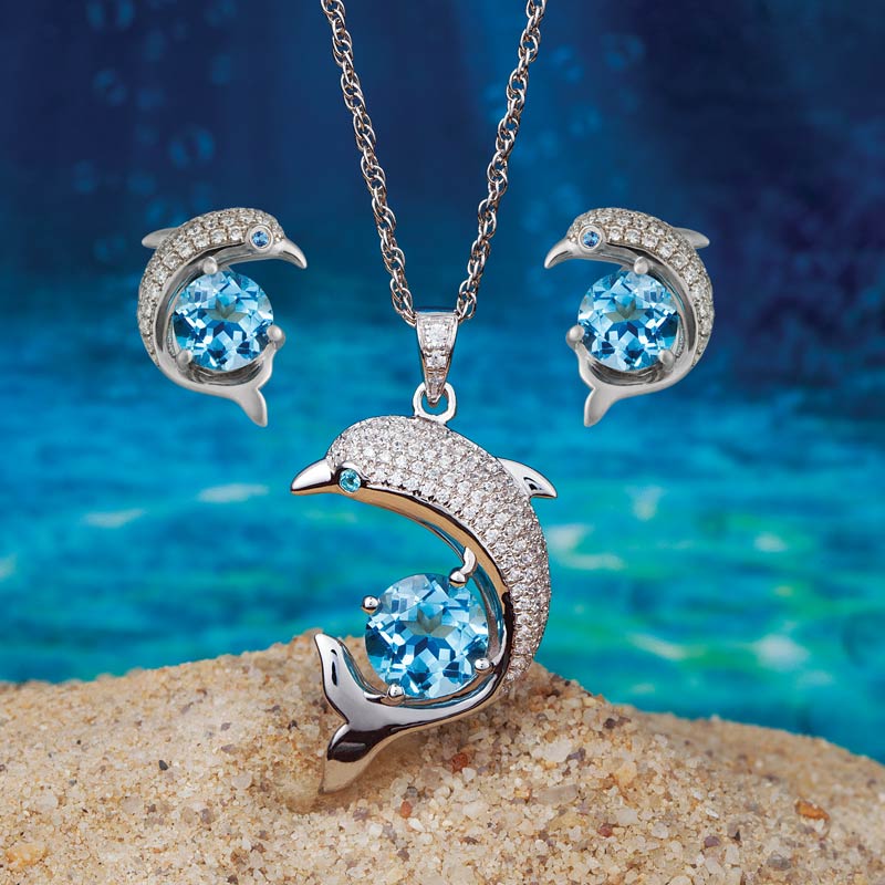 Women's DiamondAura Dolphin Necklace and Earrings