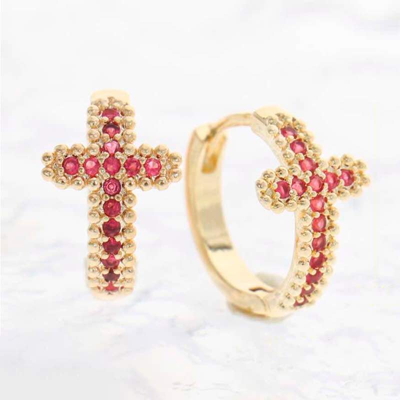 18K Gold-finished Huggies Cross Earrings (Ruby Red)