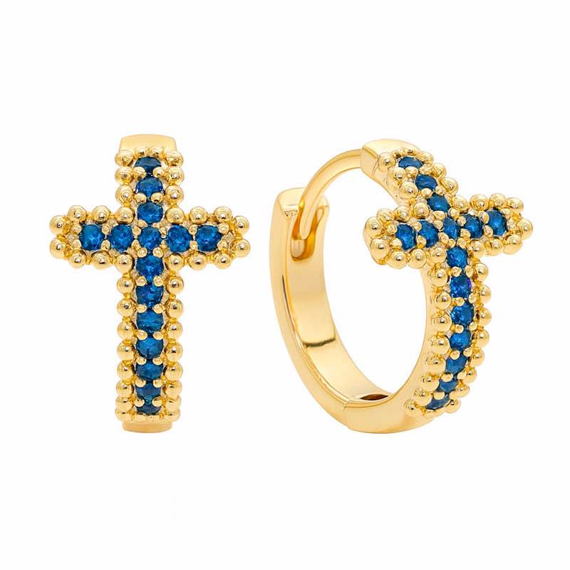 18K Gold-finished Huggies Cross Earrings (Sapphire Blue)