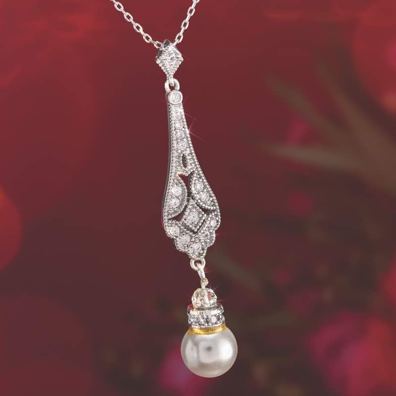 Deco Filigree Pearl Pendant Necklace