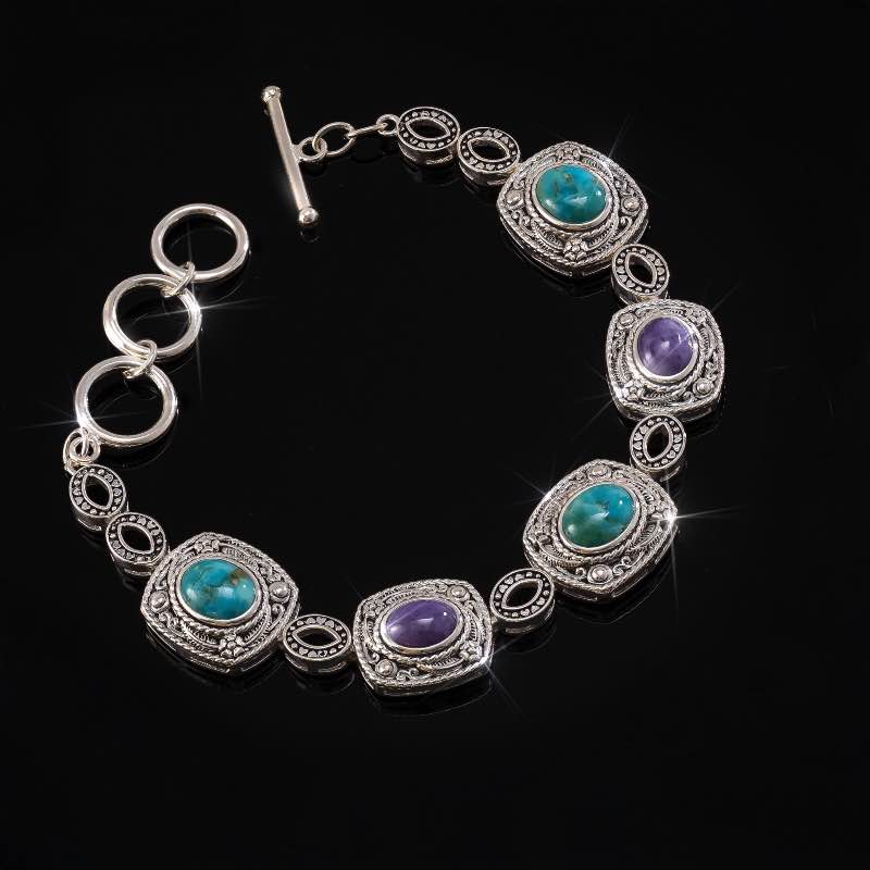 Sterling Silver Turquoise and Charoite Bracelet