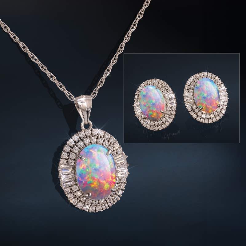 Fabulous Kyocera Lab-Created Opal Pendant, Chain & Earrings