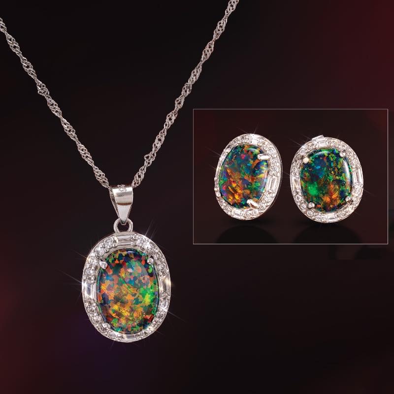 Stone of Secrets Black Opal Pendant, Chain & Earrings