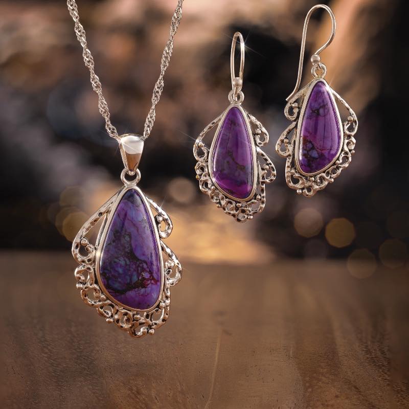 Purple Sage Turquoise Pendant, Chain & Earrings
