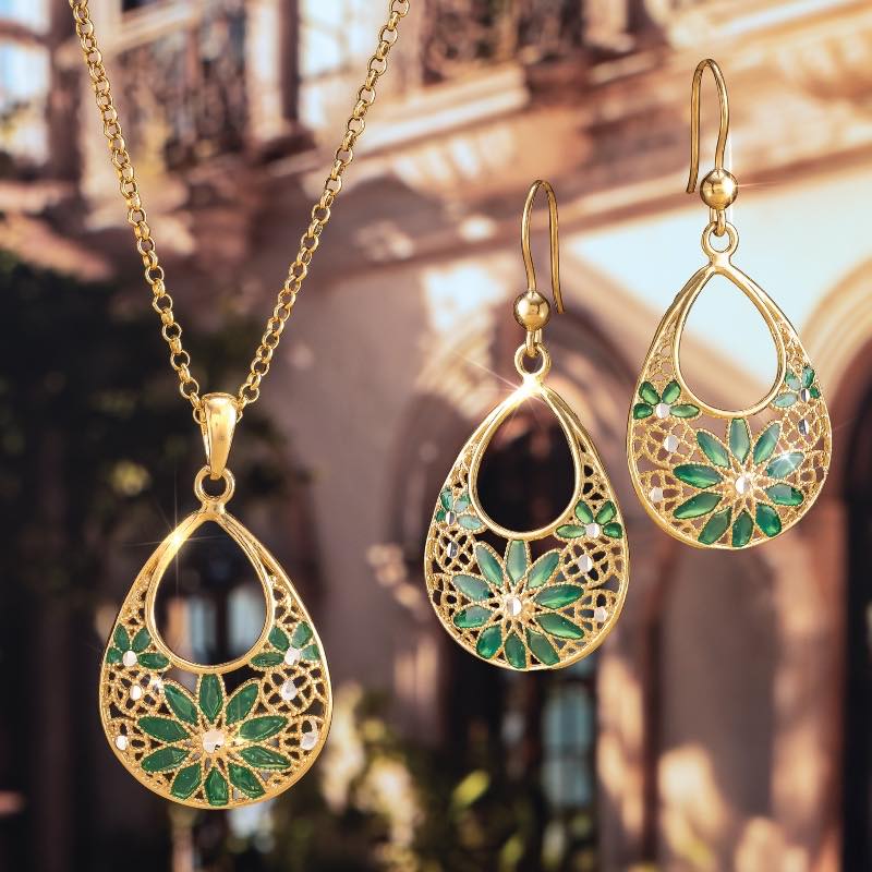 Verdant Filigree Italian Artisan Pendant, Chain & Earrings
