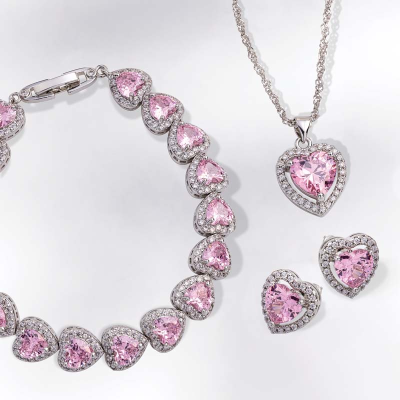 Pink Heart Necklace, Earrings and Bracelet