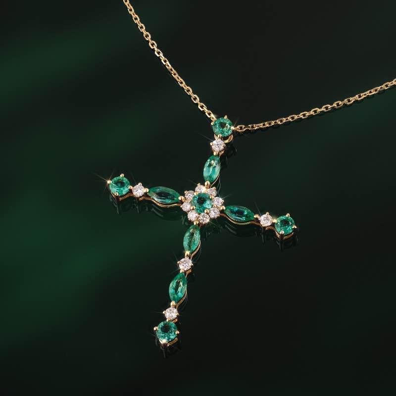 14k Yellow Gold  Emerald and Diamond  Cross Necklace