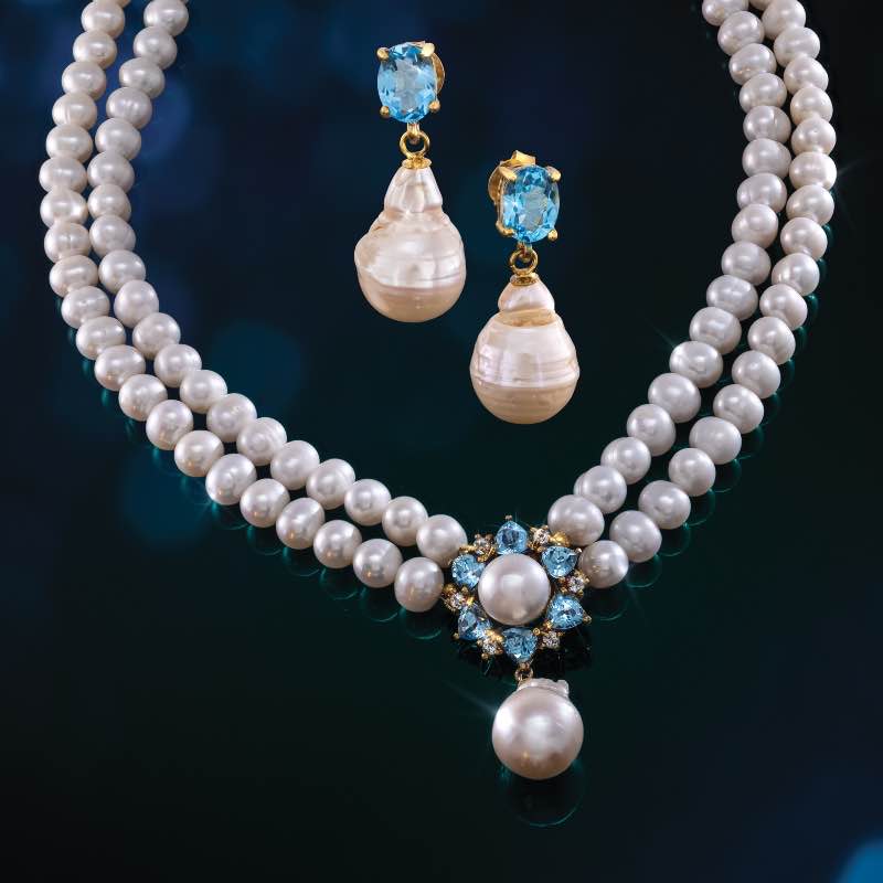 Freshwater Pearl and Blue Topaz Necklace & Earrings
